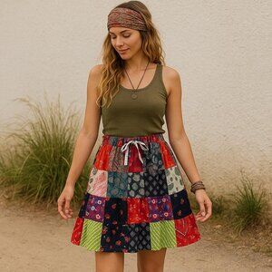 Ashley Taylor Patchwork Skirt Womens One‎ Size Red Boho Hippie Drawstring Cotton